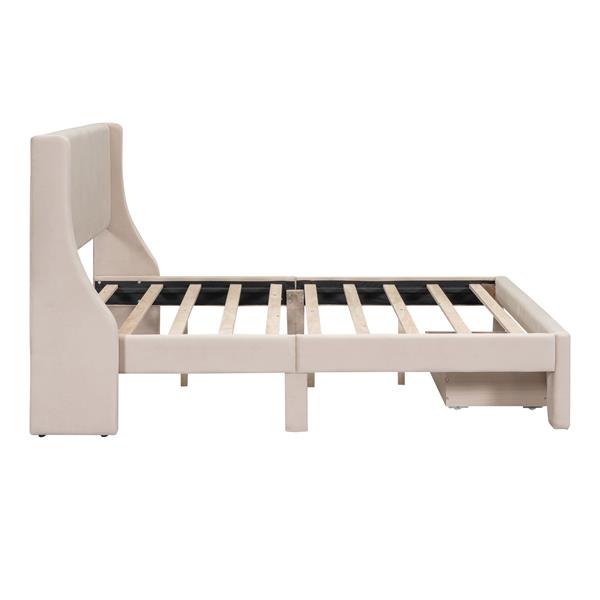 Full Size Storage Bed Velvet Upholstered Platform Bed with a Big Drawer - Beige