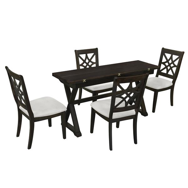 5-Piece 62*35.2inch Extendable Rubber Wood Dining Table Set with X-shape Legs,Console Table with Two 8.8Inch-Wide Flip Lids and Upholstered Dining Chairs ,Dark Walnut