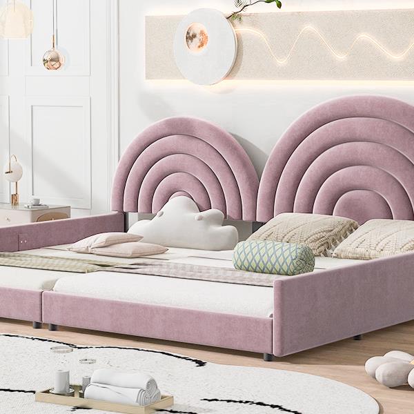 Twin+Full Upholstered Platform Bed Set with Semicircular Headboard, Pink