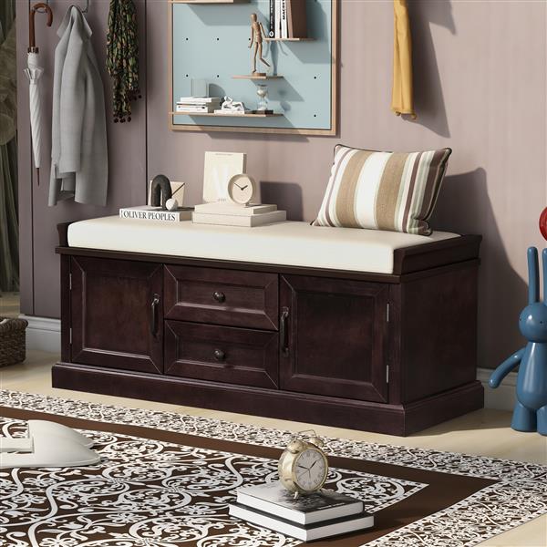 Storage Bench with 2 Drawers and 2 Cabinets, Shoe Bench with Removable Cushion for Living Room, Entryway (Espresso)