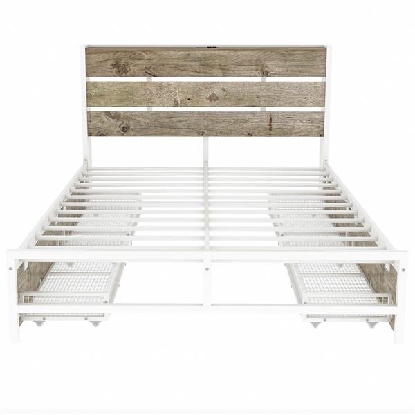 Metal Platform Bed With Four drawers, Sockets and USB Ports, Full, White