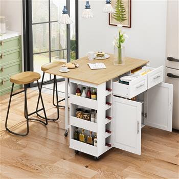 Multi-Functional Kitchen Island Cart with Stylish and Minimalist Bar Stools, Combination Set, Convenient and Practical (White Kitchen Island + Wood Color Bar Stools)