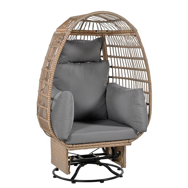 Outdoor Swivel Chair with Cushions, Rattan Egg Patio Chair with Rocking Function for Balcony, Poolside and Garden (Natural Wicker + Grey Cushion)