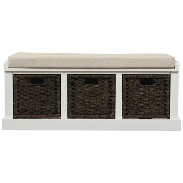 Rustic Storage Bench with 3 Removable Classic Rattan Basket , Entryway Bench Storage Bench with Removable Cushion (White)