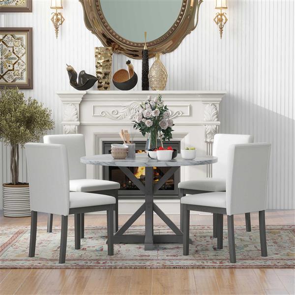 5-Piece Farmhouse Style Dining Table Set, Marble Sticker and Cross Bracket Pedestal Dining Table, and 4 Upholstered Chairs (White+Gray)