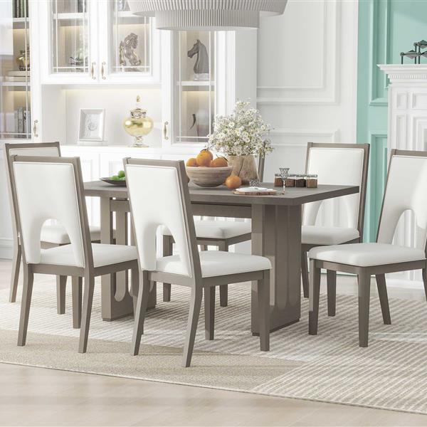 Wood Dining Table Set for 6, Farmhouse Rectangular Dining Table and 6 Upholstered Chairs Ideal for Dining Room, Kitchen (Grey+Beige)