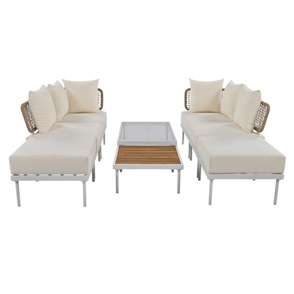 8-Piece Patio Sectional Sofa Set with Tempered Glass Coffee Table and Wooden Coffee Table for Outdoor Oasis, Garden, Patio and Poolside (Beige Cushion + White Steel)