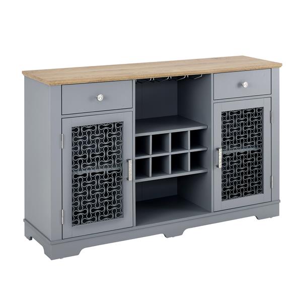 Modern Farmhouse Buffet Cabinet, Sideboard with 2 Drawers and Elegant Glass Door Cabinets, Wine and Glass Rack, Coffee Bar for Kitchen, Dining Room, Light Blue and Light Oak, 56.46"W*15.55"D*35.74"H