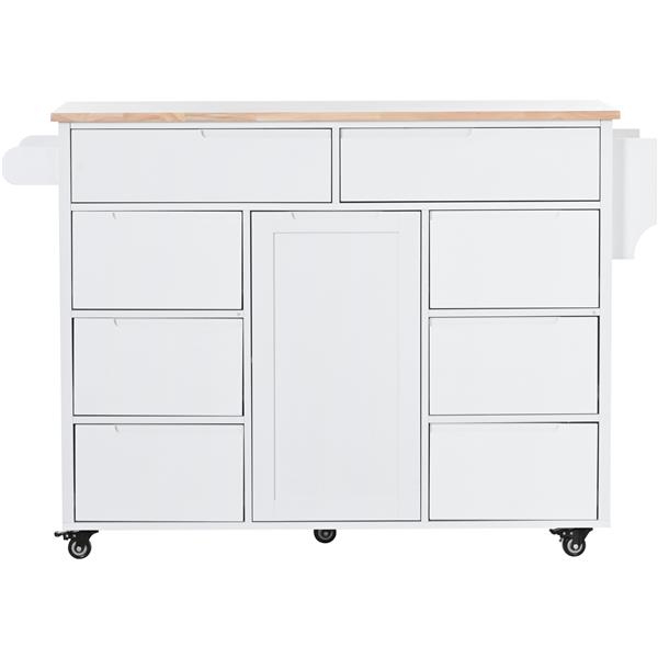 Kitchen Cart with Rubber Wood Countertop , Kitchen Island has 8 Handle-Free Drawers Including a Flatware Organizer and 5 Wheels for Kitchen Dinning Room, White