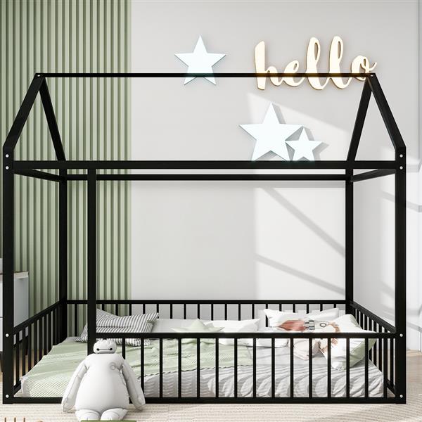 Twin Size Metal Bed House Bed Frame with Fence, for Kids, Teens, Girls, Boys, Black