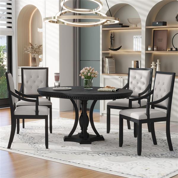 Retro 5-piece Dining Set Extendable Round Table and 4 Chairs for Kitchen Dining Room (BLACK OAK)