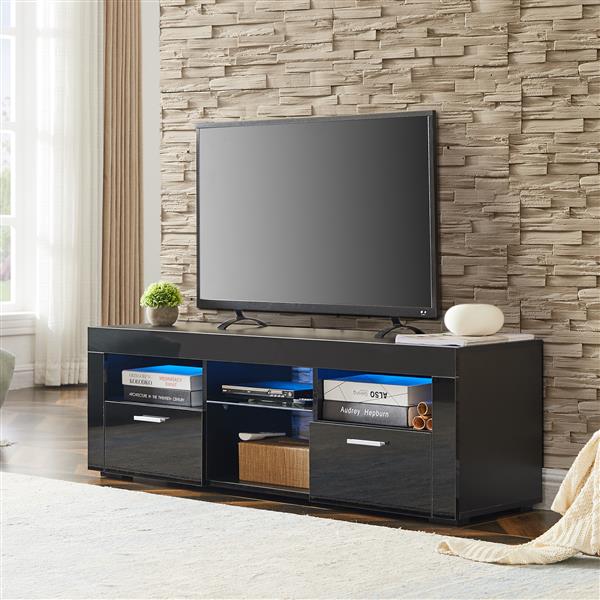 Black morden TV Stand with LED Lights,high glossy front TV Cabinet,can be assembled in Lounge Room, Living Room or Bedroom,color:Black