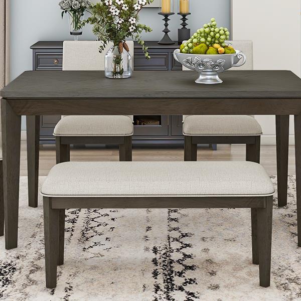 6-Piece Dining Table Set with Upholstered Dining Chairs and Bench,Farmhouse Style, Tapered Legs, Dark Gray+Beige