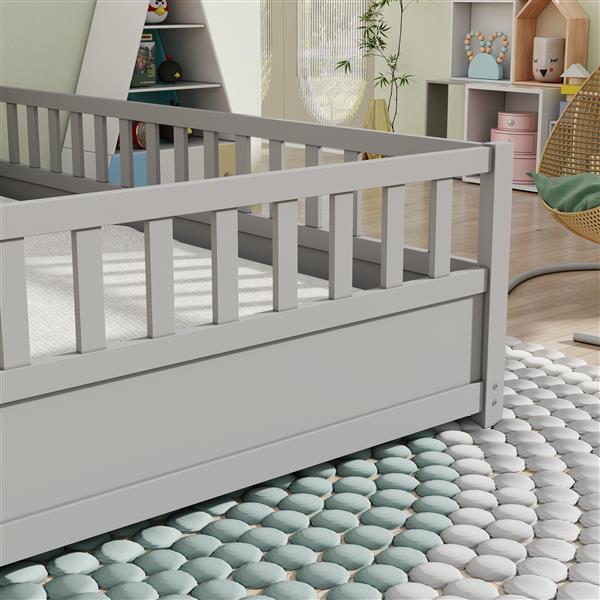 Full size  Floor bed, integral construction with super high security barrier, door, children's floor bed frame, Montessori wooden children's floor bed, Support slat Grey