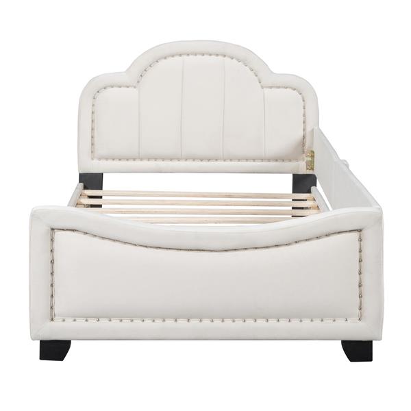 Twin Size Upholstered Daybed with Cloud Shaped Headboard, Embedded Elegant Copper Nail Design, Beige