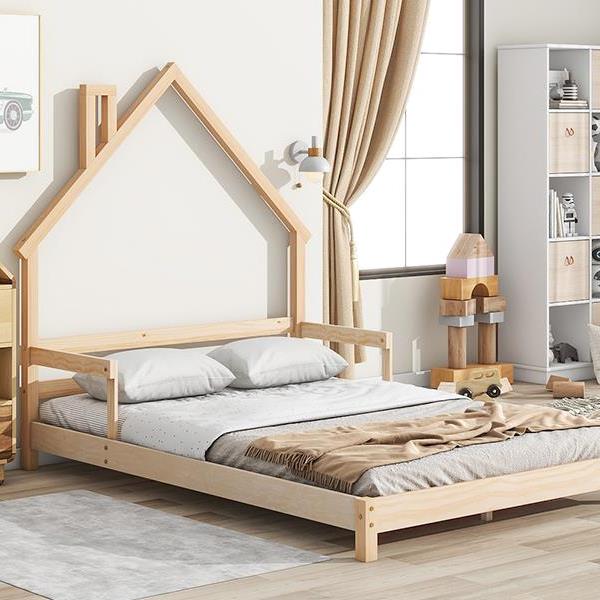 Full House-Shaped Headboard Bed with Handrails ,slats
,Natural