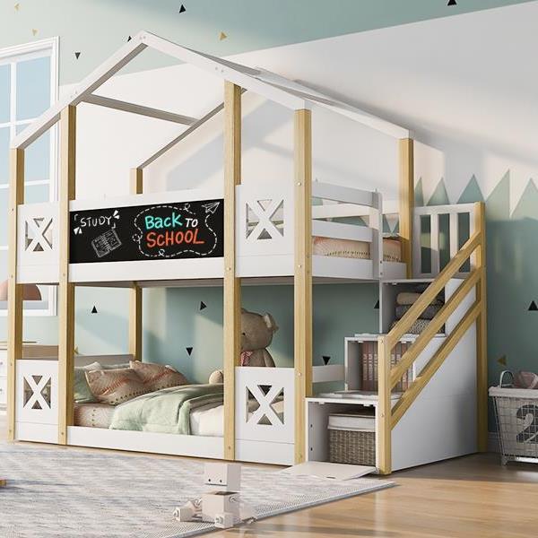 Twin over Twin House Bunk Bed with White Storage Staircase and Blackboards, White