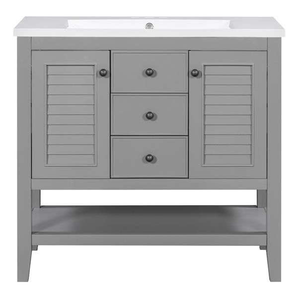 36" Bathroom Vanity with Ceramic Basin, Two Cabinets and Drawers, Open Shelf, Solid Wood Frame, Grey