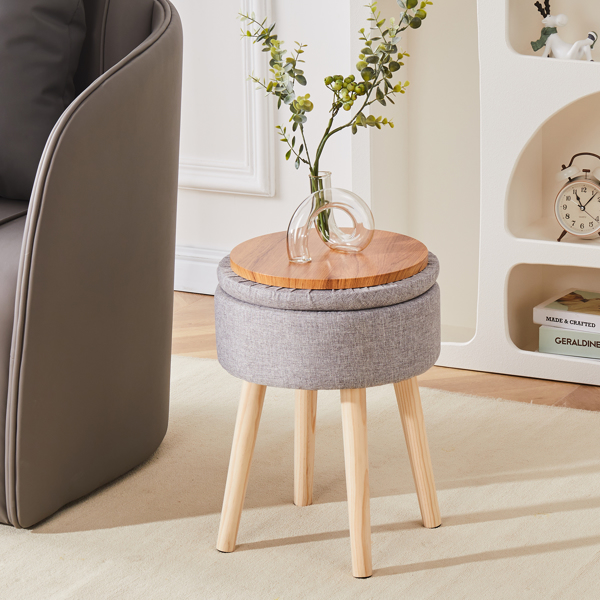 Storage Ottoman Linen Round Vanity Stool Tray Top Modern Foot Stool with Wood Legs Multifunctional Upholstered Foot Ottoman Rest for Living Room, Bathroom, Makeup Grey