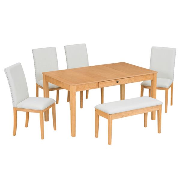 Farmhouse 6-Piece Dining Table Set with Storage Table, Kitchen Table Set with Drawer, Storable Bench and Upholstered Dining Chairs, Natural+Beige