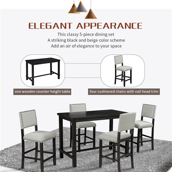 5-Piece Counter Height Dining Set, Classic Elegant Table and 4 Chairs in Espresso and Beige