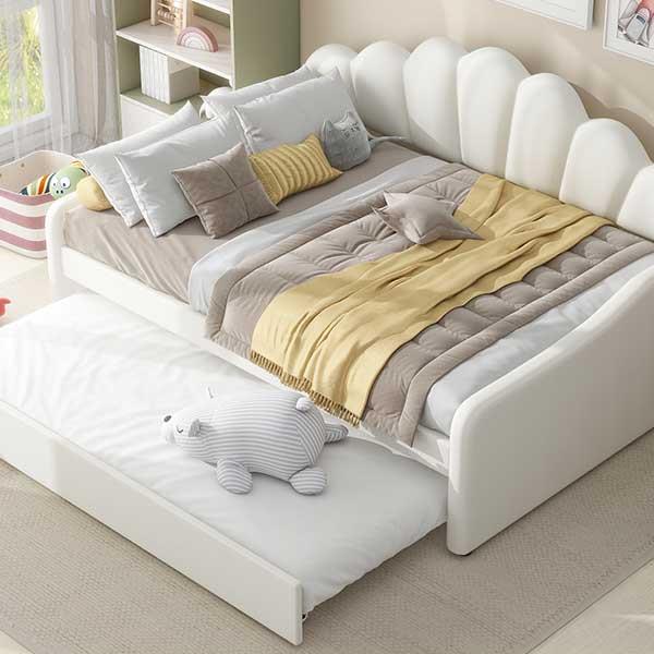 Full Size Upholstery Daybed Frame with Shall Shaped Backrest  and Trundle,White