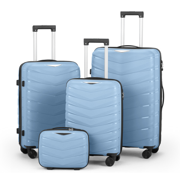 FCH V-shaped stripes 4-piece suitcase with PP handbag PP trolley case 14in 20in 24in 28in PP iron trolley fashionable color - sky blue (grain pattern)