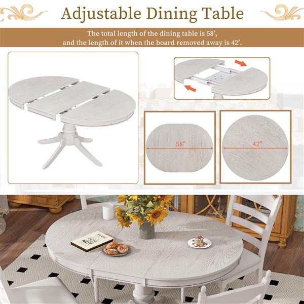 5-Piece Retro Functional Dining Table Set Wood Round Extendable Dining Table and 4 Upholstered Dining Chairs (Antique White)