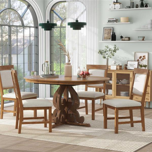 5-Piece Retro Functional Dining Set, 1 Extendable Table with a 16-inch Leaf and 4 Upholstered Chairs for Dining Room and Kitchen (Walnut)