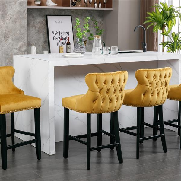 Contemporary Velvet Upholstered Wing-Back Barstools with Button Tufted Decoration and Wooden Legs, and Chrome Nailhead Trim, Leisure Style Bar Chairs,Bar stools,Set of 4 (ld),SW1824GLx2 cartons