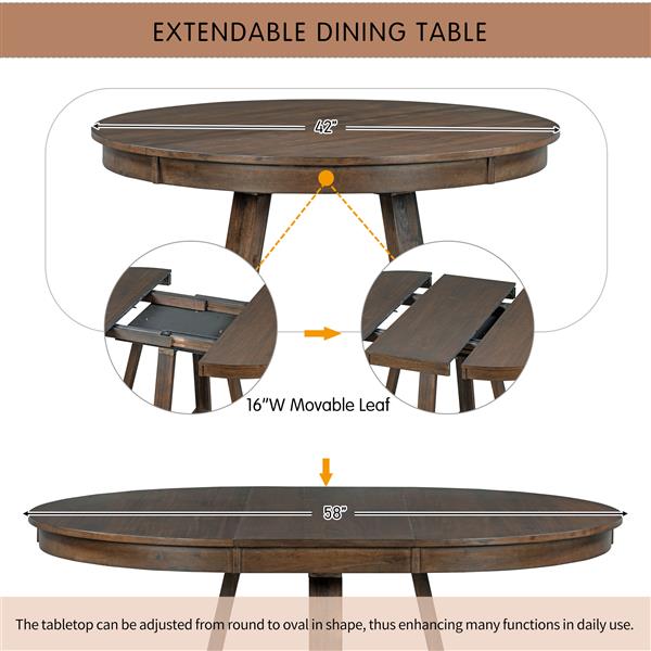 5-Piece Retro Functional Dining Set, Round Table with a 16"W Leaf and 4 Upholstered Chairs for Dining Room and Living Room (Walnut)