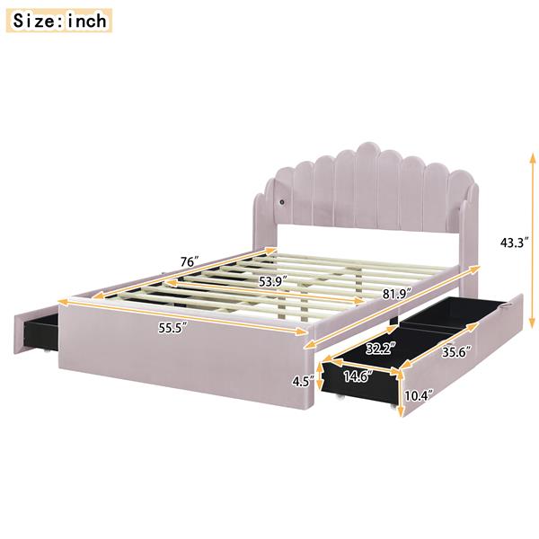 Full Size Upholstered Platform Bed with 4 Drawers and 2 USB, Pink