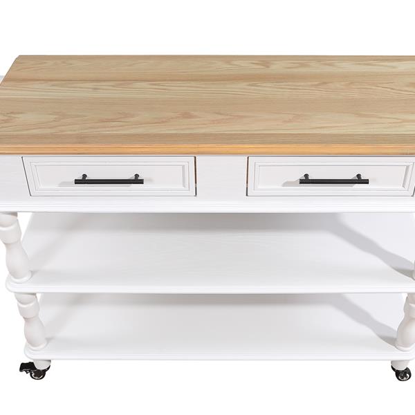 56 inch Rolling Kitchen Island with Storage,Kitchen Cart with Solid OAK Wood Top,Two-sided Kitchen island Cart on Wheels ,Wine and Spice Rack, Large Kitchen Cart with 2 Drawers, Milk White+Natural Top