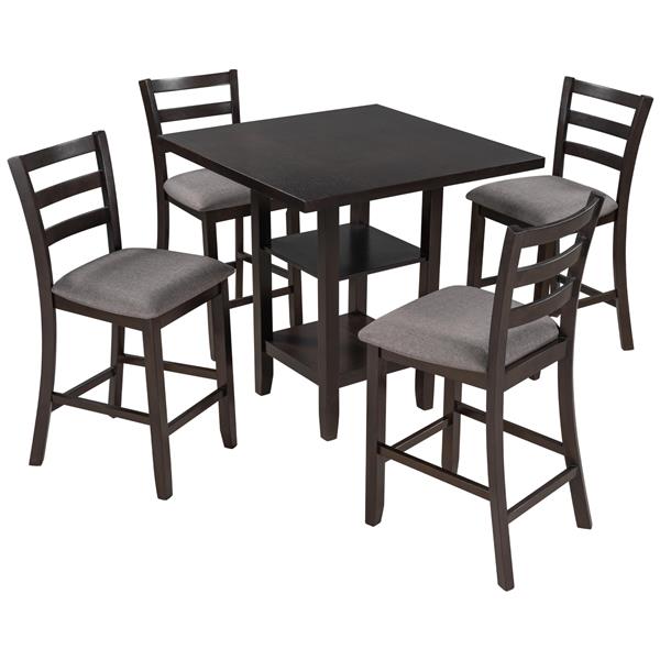 5-Piece Wooden Counter Height Dining Set with Padded Chairs and Storage Shelving (Espresso)