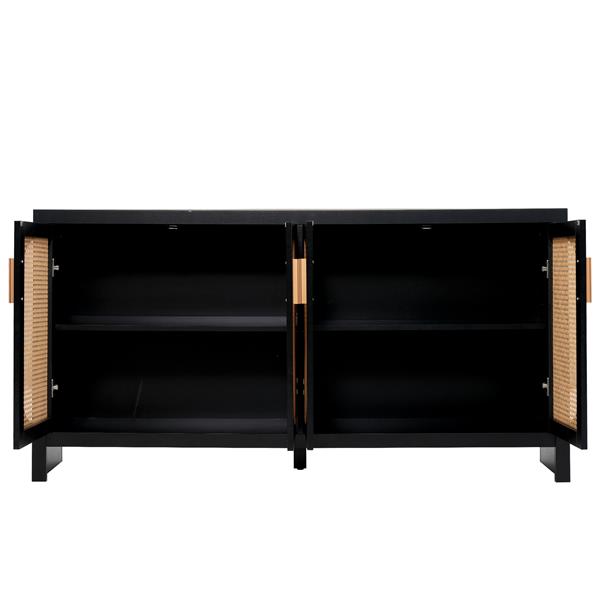 Modern TV Stand for 65-inch TV with Rattan Doors, Adjustable Shelves and Metal Handles for Living Room, Black