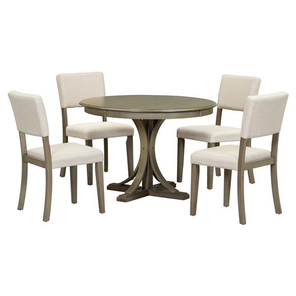 5-Piece Retro Round Dining Table Set with Curved Trestle Style Table Legs and 4 Upholstered Chairs for Dining Room (Taupe)