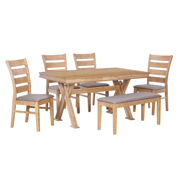 6-Piece Retro 59"L Rectangular Dining Table Set, Table with Unique Legs and 4 Upholstered Chairs & 1 Bench for Dining Room and Kitchen (Natural Wood Wash)