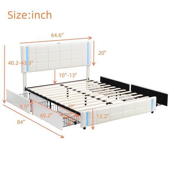 Queen Size Upholstered Platform Bed with LED Lights and USB Charging, Storage Bed with 4 Drawers, White