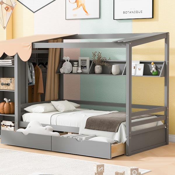 Twin size House Bed with Two Drawers and Wardrobe,Gray