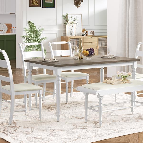 6-peice Dining Set with Turned Legs, Kitchen Table Set with Upholstered Dining Chairs and Bench,Retro Style, White