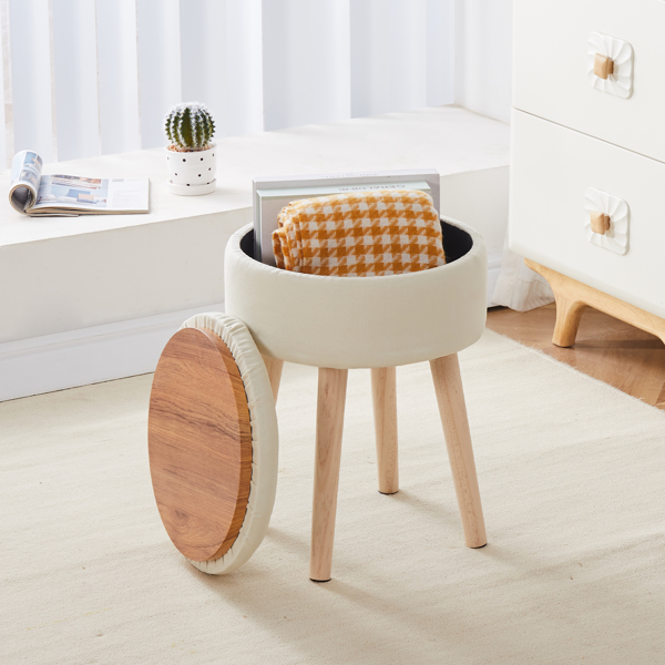 Storage Ottoman Linen Round Vanity Stool Tray Top Modern Foot Stool with Wood Legs Multifunctional Upholstered Foot Ottoman Rest for Living Room, Bathroom, Makeup White