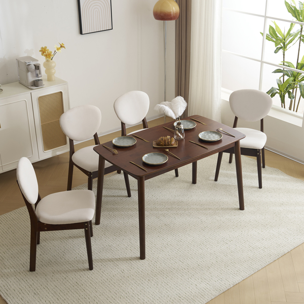 Rubber wood soft bag deep walnut dining table and chair set 1 table 4 chairs beige cushion rectangular