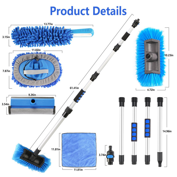 5Pcs Car Cleaning Brush Kit 61in Detachable Long Handle Soft Microfiber Mop Brush Mitt Windshield Squeegee Duster Towel Wheel Tier Brush Hose Adapter For Car RV Truck Boat