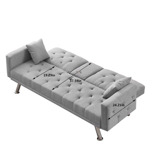 Grey Linen Convertible Sofa and Bed, Square Arm Armrests, Can Hold Water Cup, Two Pillow