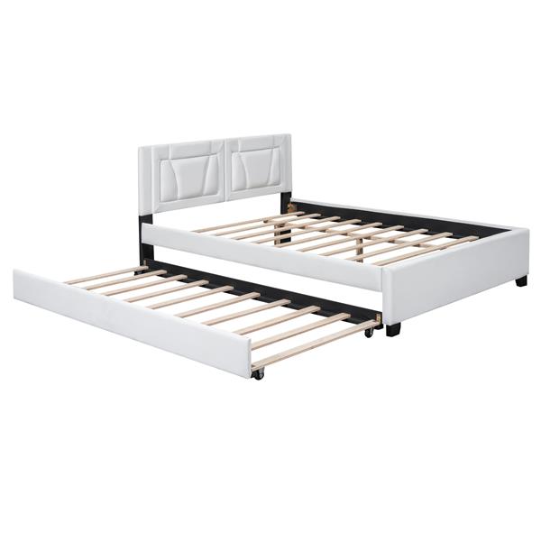 Queen Size Upholstered Platform Bed with Headboard and Twin Size Trundle, White