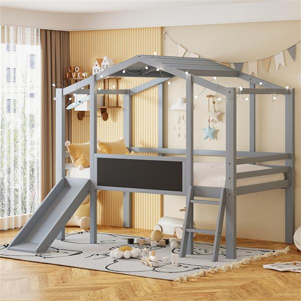 Twin Size Loft Bed with Ladder and Slide, House Bed with Blackboard and Light Strip on the Roof, Gray