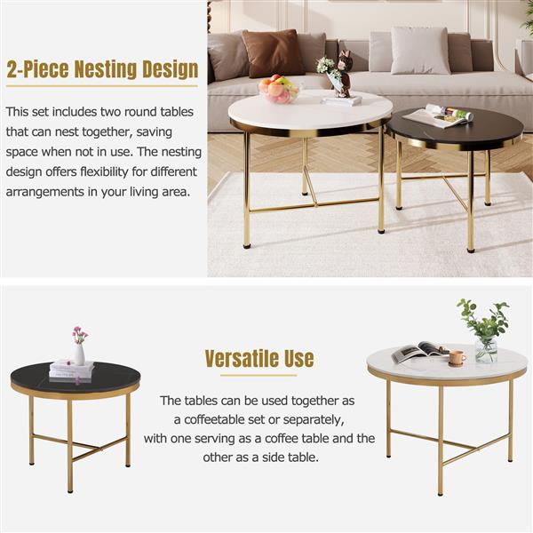 Modern Round Nesting Coffee Table Set 2-Piece Black & White Sintered Stone Top Gold Base in 23.6''&17.7''