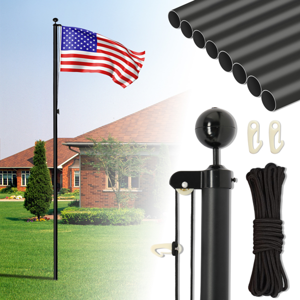 Flag Pole Kit for Outside House in Ground, 25FT Sectional Aluminum Extra Thick Flagpole, 5x3 US Flag, Heavy Duty Black Flag Poles Kit for Yard