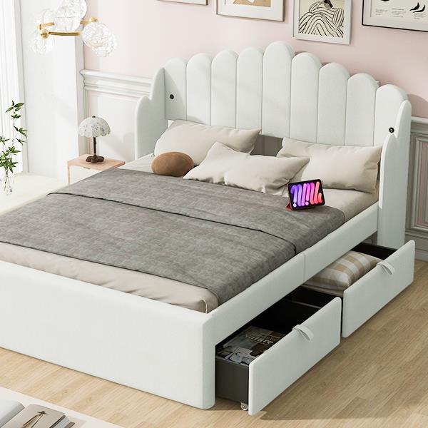 Full Size Upholstered Platform Bed with 4 Drawers and 2 USB, Beige