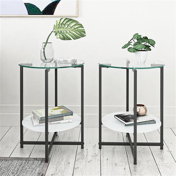 2-piece set (Clear) Tempered Glass End Table, Round Coffee Table for Bedroom Living Room Office